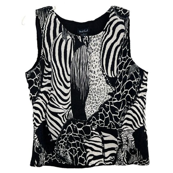 West End Tank Top Size M Zebra Print Jungle Black Sleeveless Accordian Stretch - Picture 1 of 9